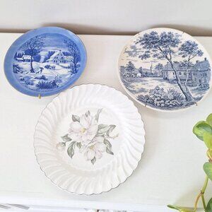 3 Vintage Blue White Plates dinner wall hanging currier & Ives Johnson bros